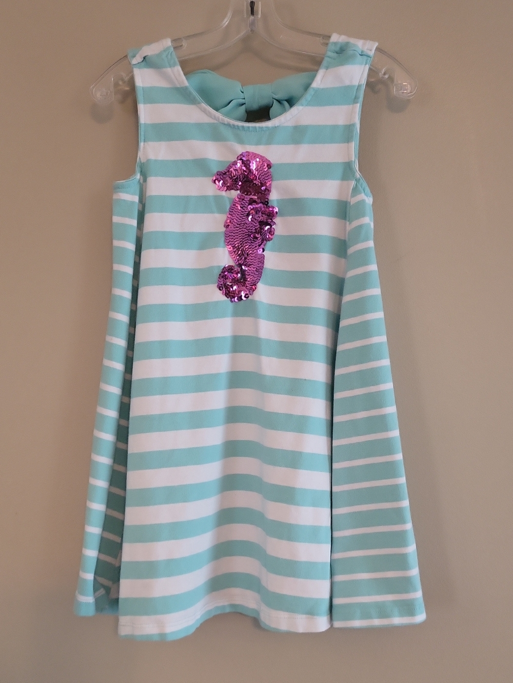 Tommy Bahama mint & white striped sleeveless dress with pink sequin seahorse